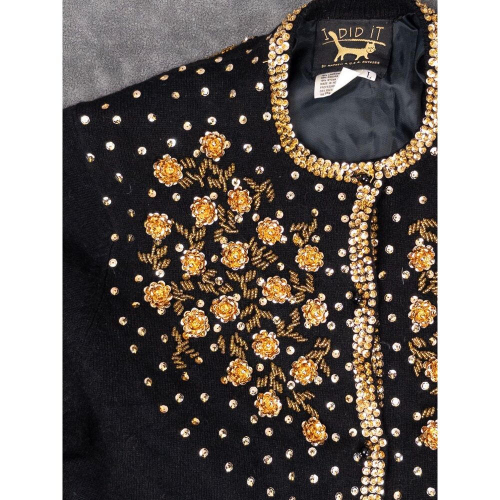 Vintage I Did It L Wool Gold Sequin Beads Short Crop Bolero Lined Sweater Cardi